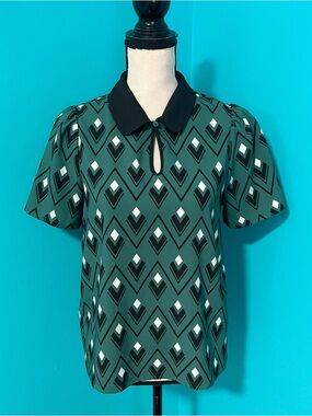 ModCloth S Green Vintage Inspired Print Peter Pan Collar Short Sleeve Top